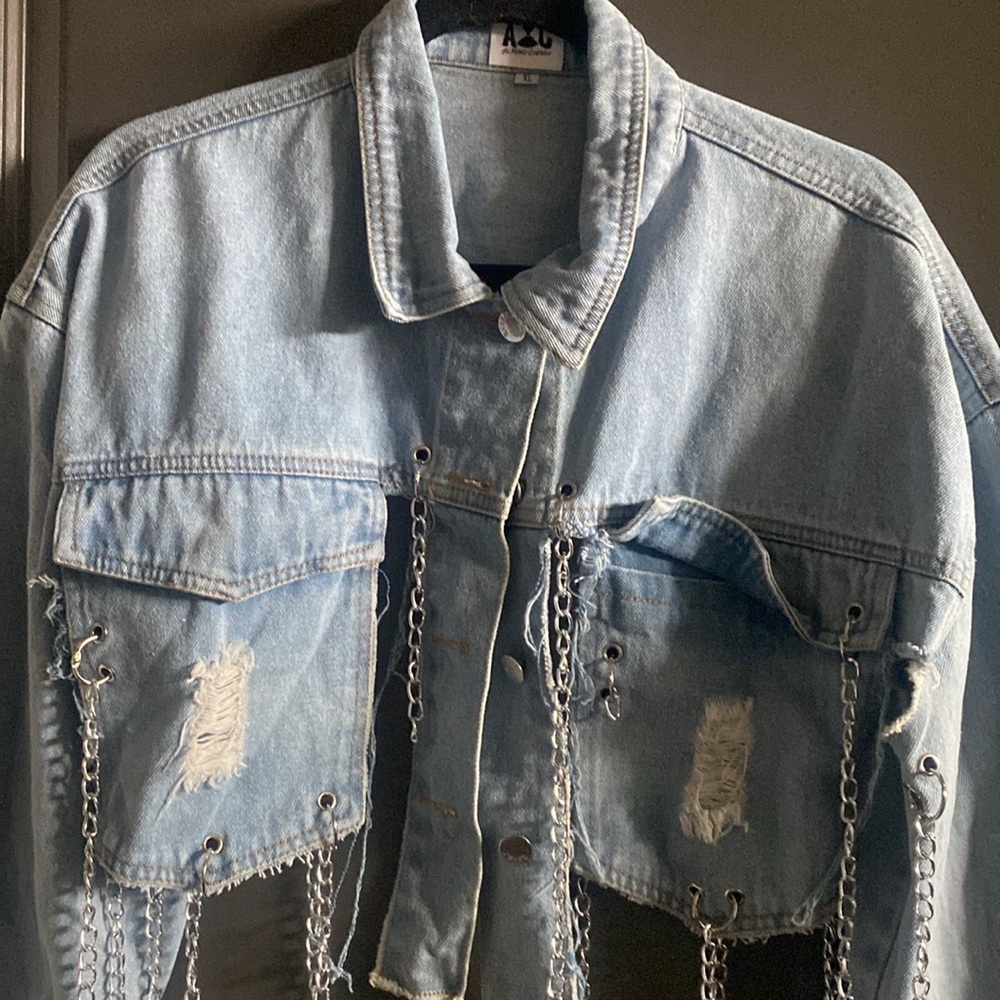 All Things Cherish Trendy Denim Jacket with Chain Details - Picture 2 of 4
